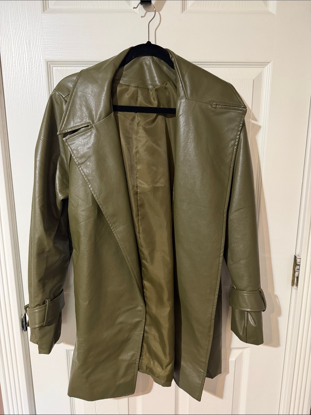 Olive Green Faux Leather Trench Coat